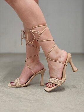 Braided Beige Lace-Up Heels With Square Toe & Stiletto Heel Design